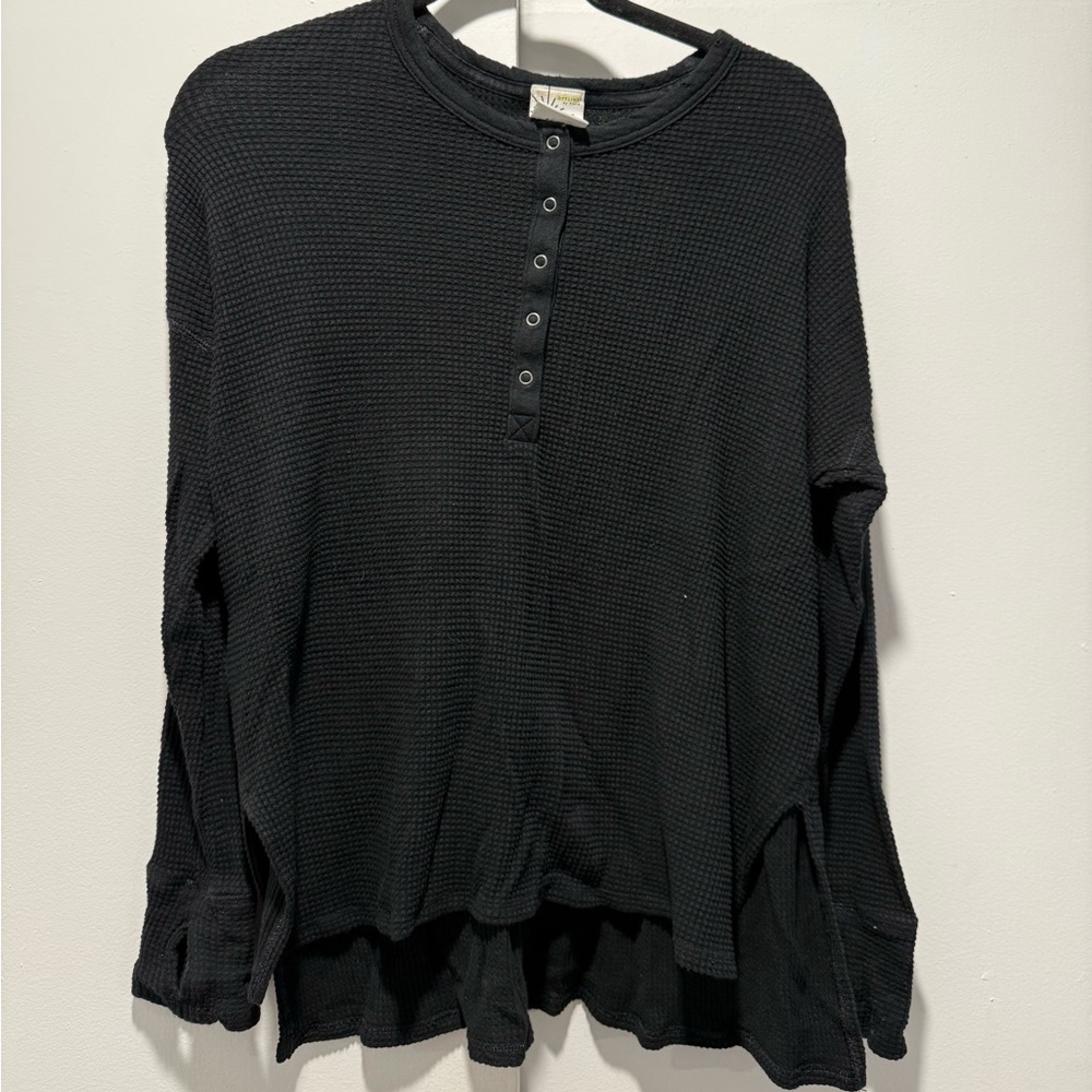 Aerie Black Button-Up Waffle Knit Top size XS